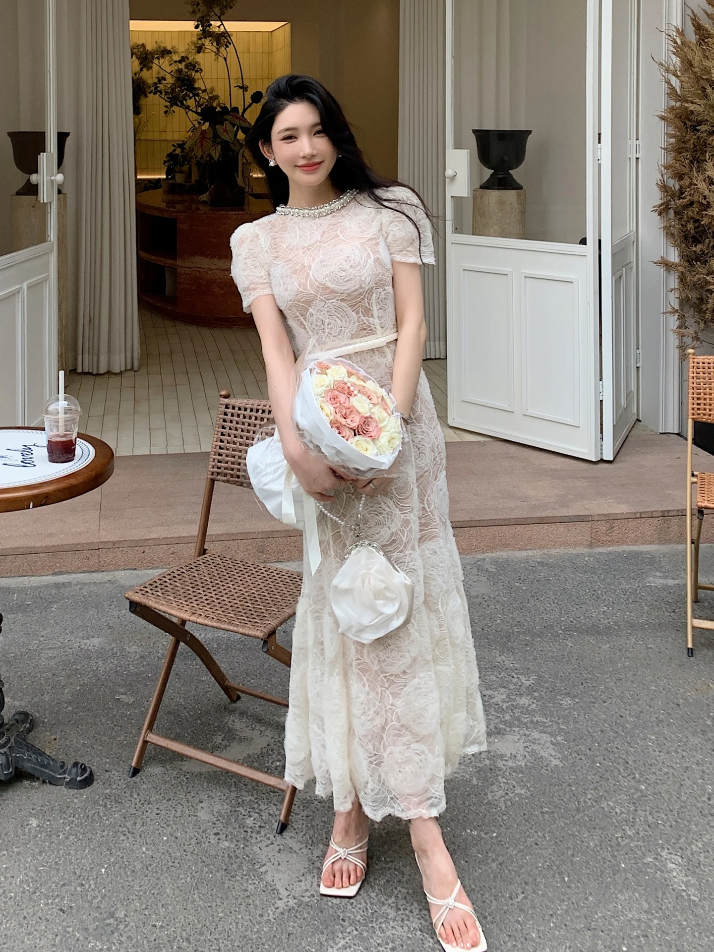 Vestidos largos formales de cristal con cuello de cadena de perlas de lujo para mujer, Vestidos de encaje de verano con cola de pez, Vestidos de sirena bordados para fiesta