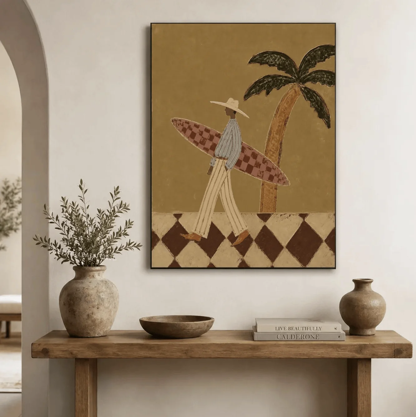 Vintage neutrale Surfer-Palmen-Wandkunst-Leinwanddrucke, Bohemian-Strandposter für Schlafzimmer, Wohnzimmer, Küsteneingangsbereich – Detail 6