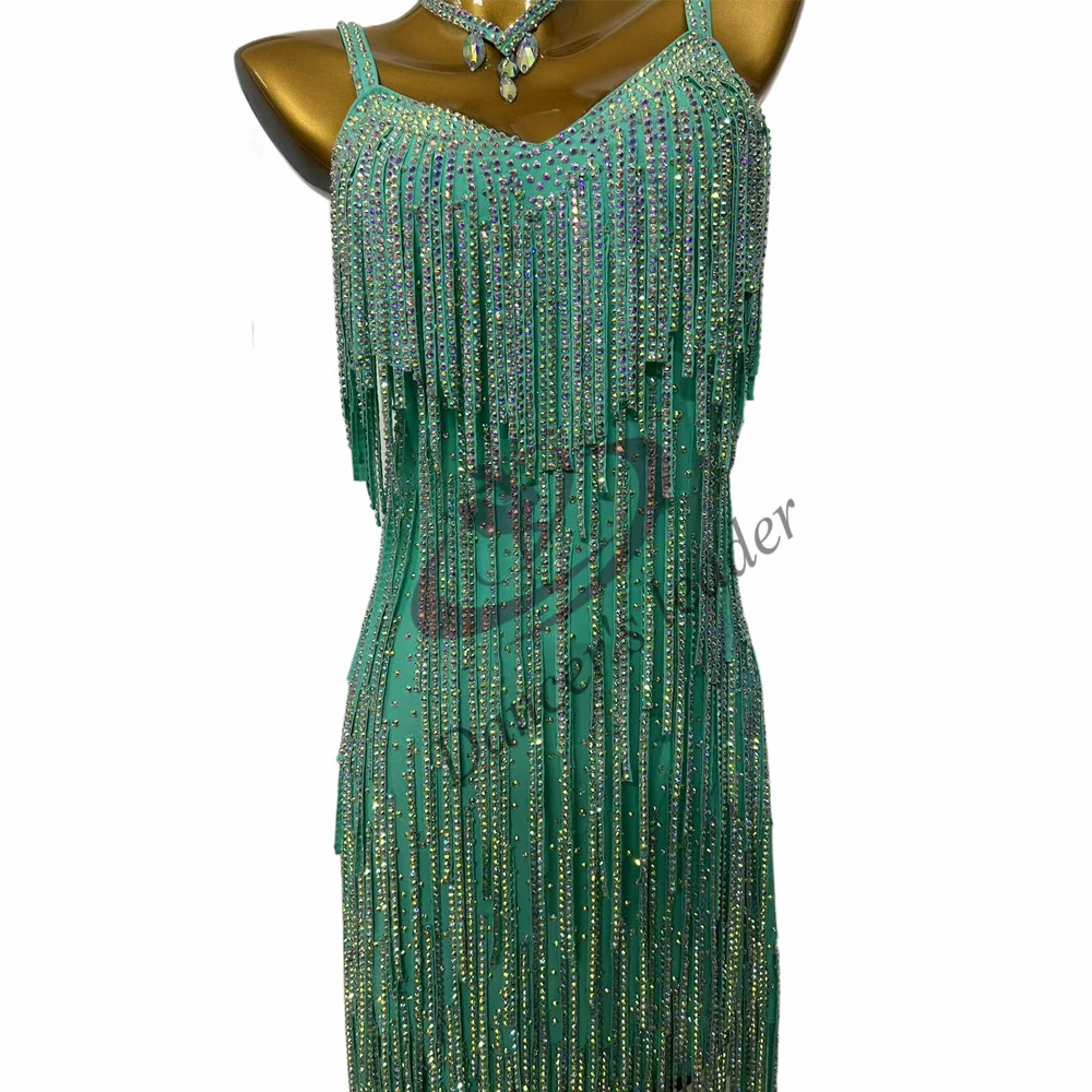 Latin dansjurk, hoogwaardige op maat gemaakte lange jurk met diamanten, super sprankelende Cha Tango vrouwelijke podium professionele kleding