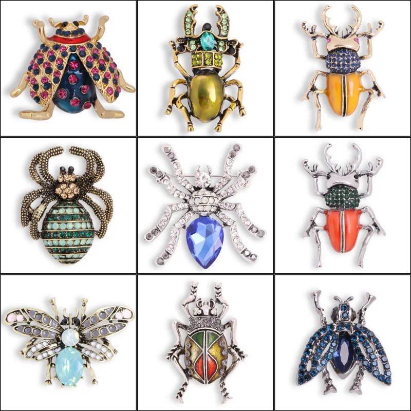 Hot sale punk insect luxury brooch shiny crystal spider ladybug beetle pin corsage men and women accessories jewelry gift