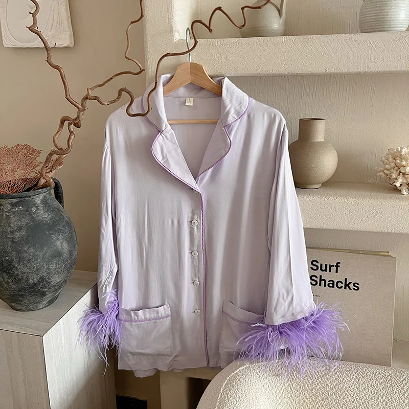 2024 Long Sleeved Sleepwear 100% Ostrich Feather Pajamas for Women Luxury Home Clothes Two Piece Purple Pajama Set Party Wear