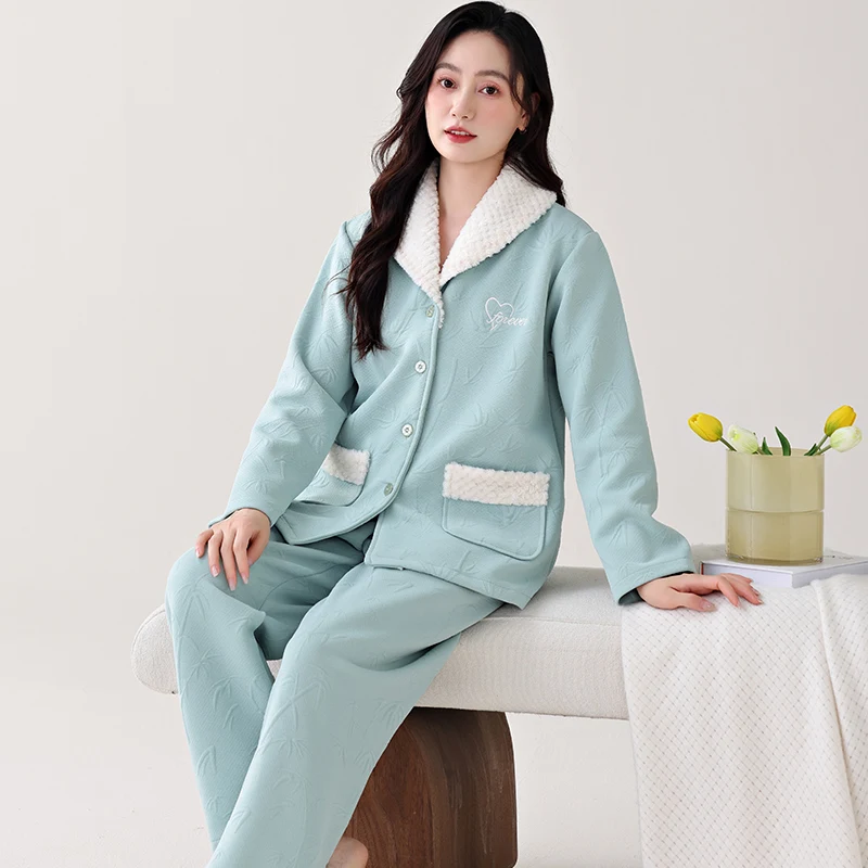 Women laminated air cotton pajamas letter pattern warm pyjamas female thin quilted suit long sleeve pijamas winter leisure wear