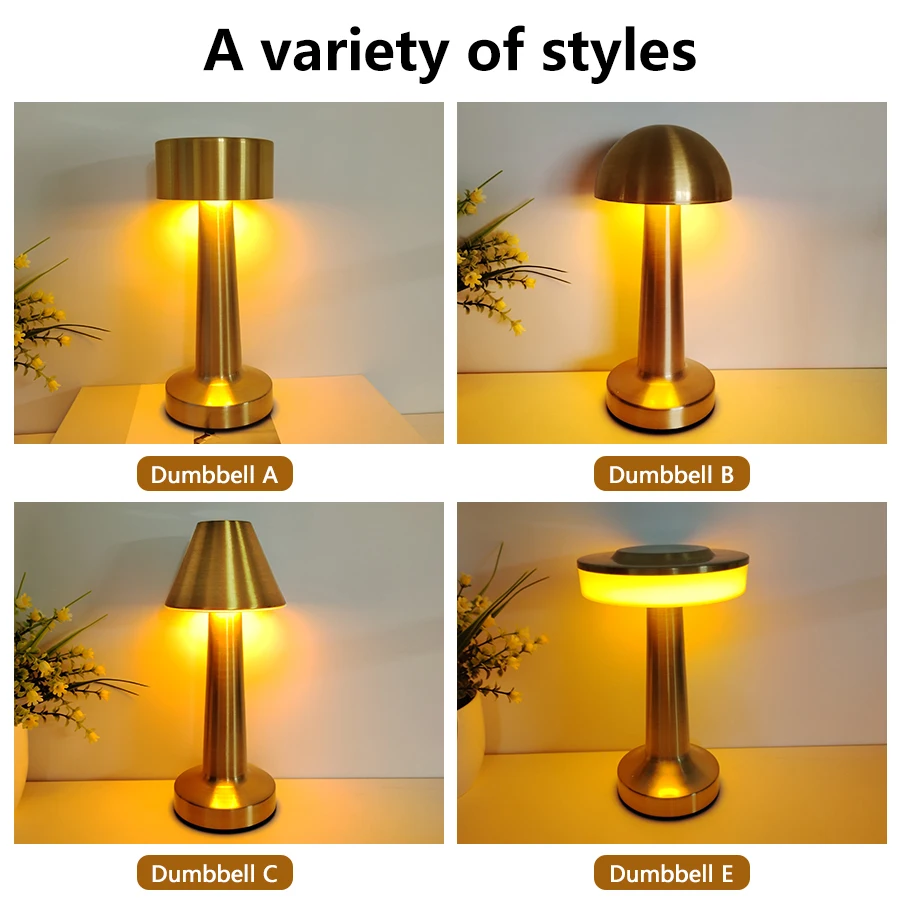 Golden Retro Led Table Lamp Rechargeable Night Light for Desk Bar Coffee Dining Room Decor Wireless Dimmable USB Touch Switch