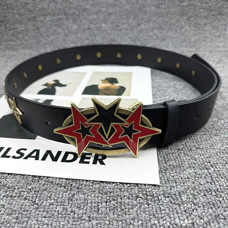 

Винтажный Y2K Street Pentagram Bronze Star, черный и красный, высококачественный контрастный мужской и женский дизайнерский ремень, новинка 2026