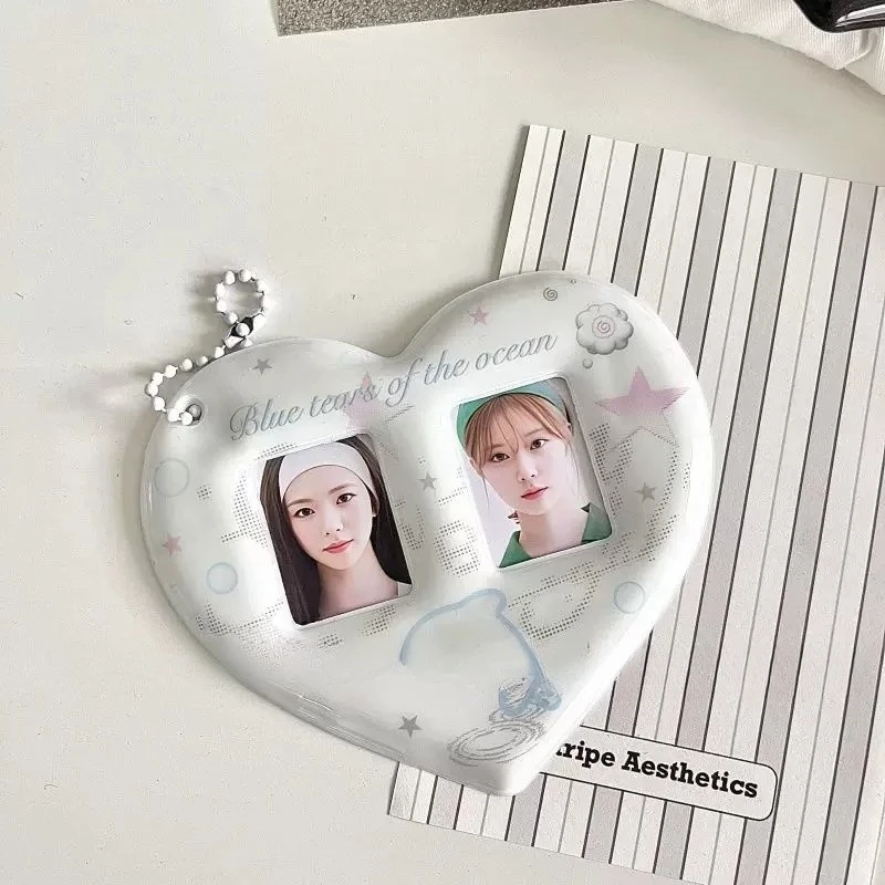 Cute Couple (CP) Heart-Shaped ID Card Holder Keychain,1 Inch Photo Badge Sleeves, Love Pendant for Kpop Photocard & Wallet