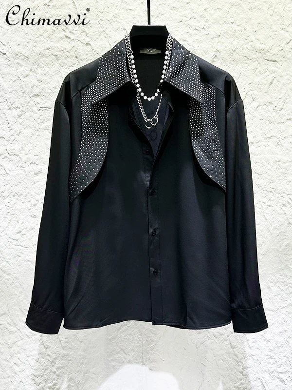 

2025 Autumn New Fashion Light Luxury High-end Heavy Rhinestone Shirt Men's Unique Design Long Sleeve Loose Handsome Shirt Top