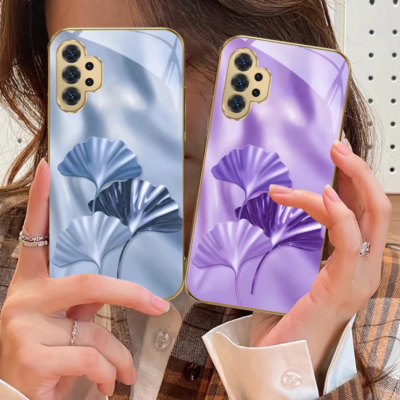 أوراق الجنكة الفاخرة لسامسونج A 31 32 33 34 35 14 15 13 16 25 26 50 52 53 54 55 56 70 71 72 73 حافظة هاتف زجاجية ذهبية