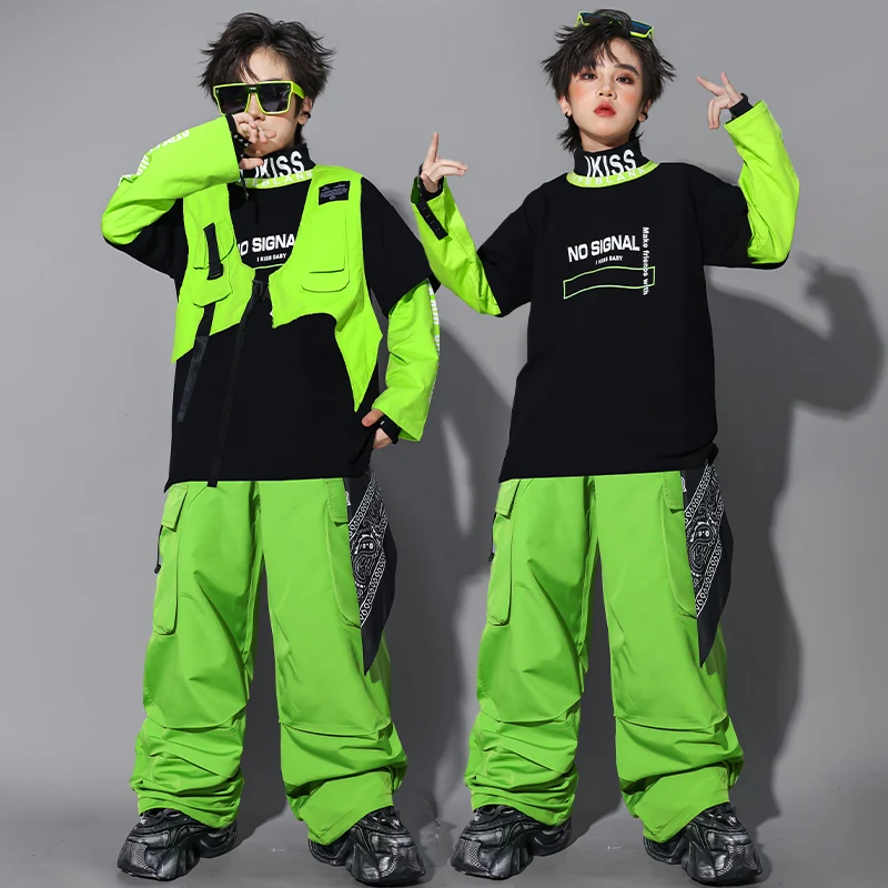 

Children Hip Hop Costume Boys Jazz Dance Clothing Casual Top Black Green Shuffle Pants Street Dance Performance Outfit AMY2840