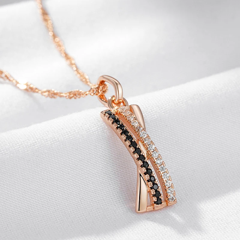 Kinel Fashion Black With White Natural Zircon Pendant Necklace Women Luxury 585 Rose Gold Color Vintage Pendant Daily Jewelry