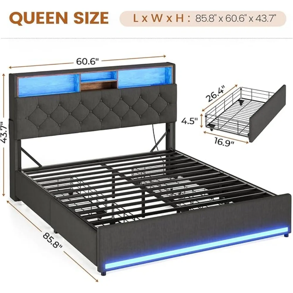 Bed, Queen Bed Frames with Headboard & 4 Drawers, LED Bed Frame Twin with Charging Station, Upholstered and Metal Queen Bed image 5