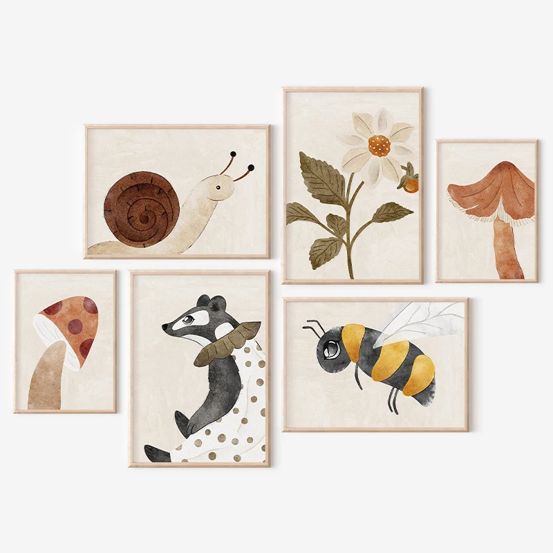 Woodland Animals Botanical Badger Bee Snail Mushroom Posters and Prints Canvas Printing Wall Art Picture for Room Home Decor