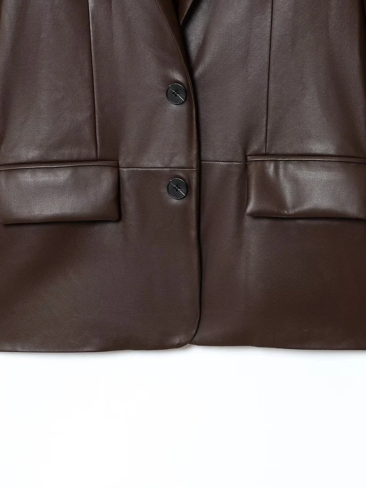 Giacca da abito in similpelle diritta semplice con temperamento casual retrò da donna europea e americana autunno 2025