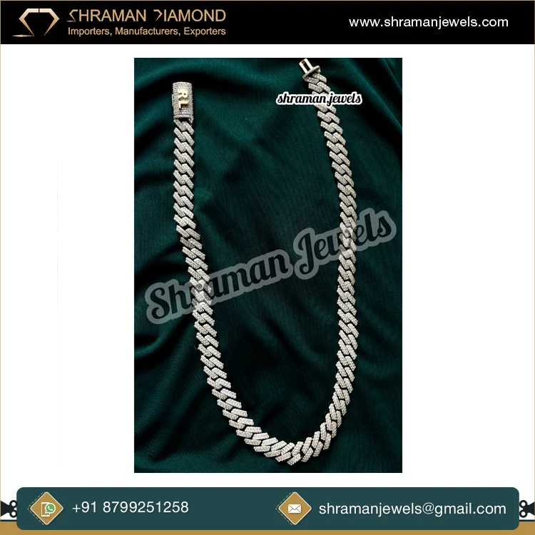 Luxury Fashion Jewelry Supplier of Top Quality Def Color Vvs 925 Sterling Silver 12mm Iced Out Moissanite Diamond Cuban Chain