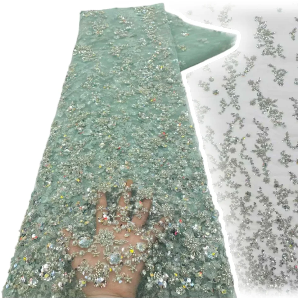 

2025 5 Yards Green African Groom Sequins Lace Fabric High Quality French Embroidery Beads Lace Nigerian Sewing Material SZ2123