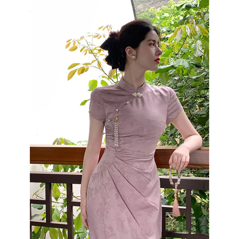 2024 verão roxo novo estilo chinês cheongsam jacquard manga curta vestido longo trajes de casamento vestido formal s a xxl