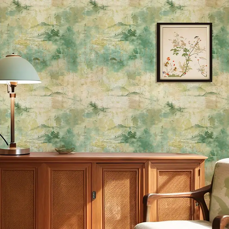 Green Landscape Calligraphy Furniture Sticker Chinese Vintage Vinyl Wallpaper Self-Adhesive Removable Cabinet Door Decor Mural