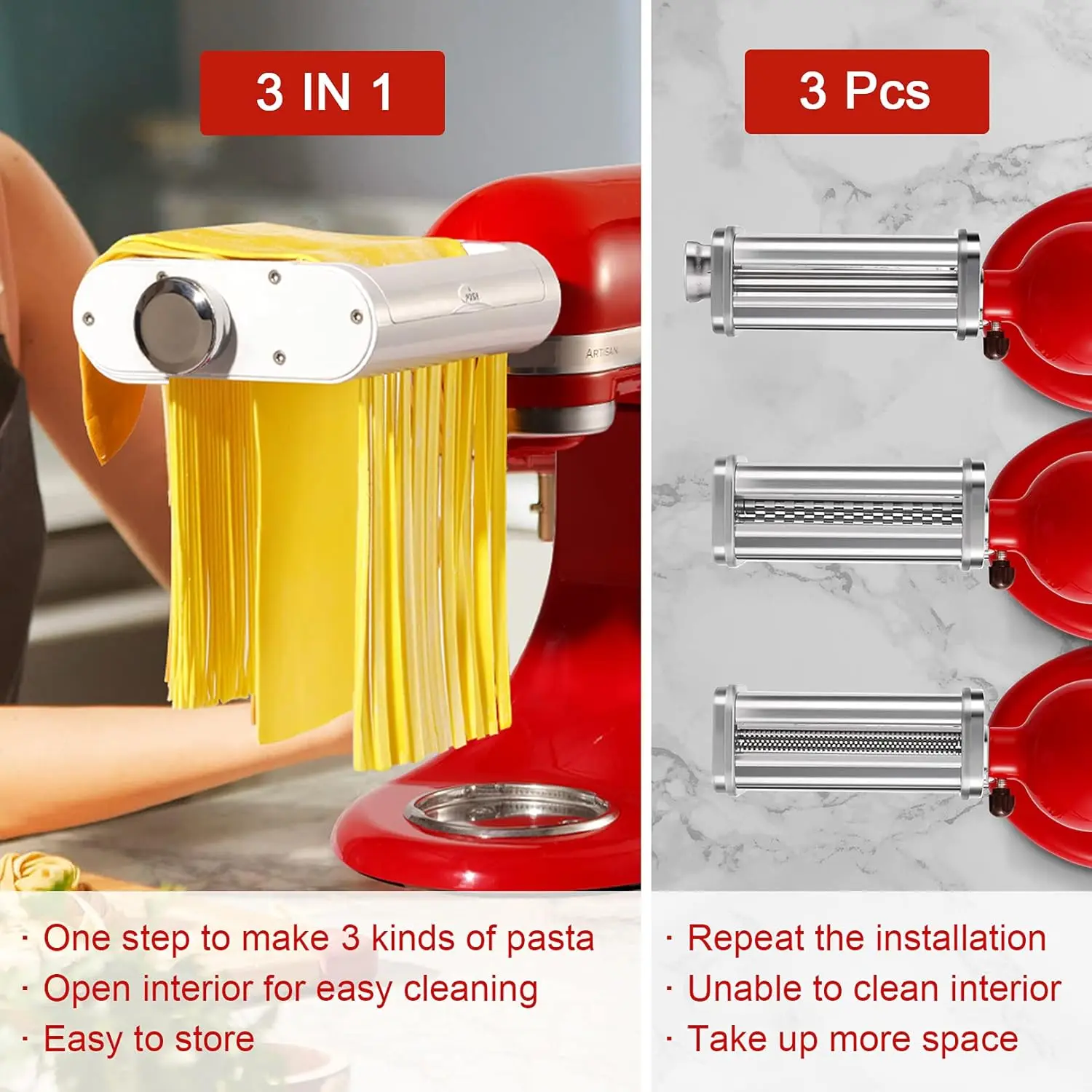 Maker Attachment for KitchenAid Stand Mixers 3 in 1 Set Includes Pasta Roller Spaghetti Cutter & Fettuccine Cutter, Pasta