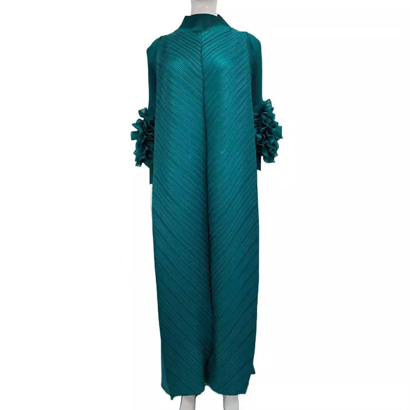 Women's loose long dress, hand cranked floral solid color pleated dress