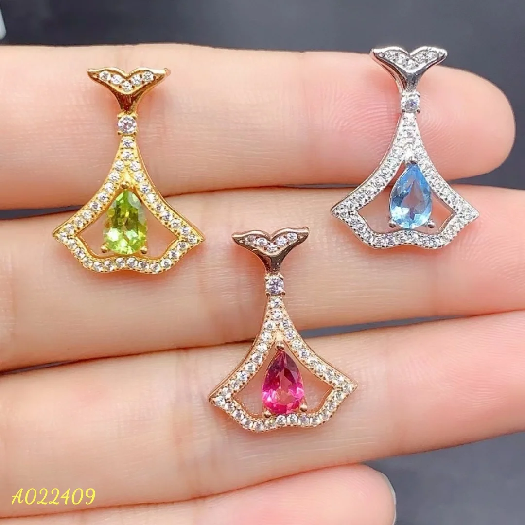 

Natural Topaz Olivine Swiss Blue Pink Tricolor Tail Shaped Female Pendant 925 Pure Silver Inlaid Simple Fresh Exquisite Necklace