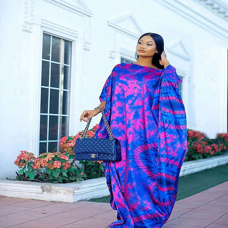 

women woman long dresses European and American summer new bat sleeve large size printing loose waist pullover cute long dress