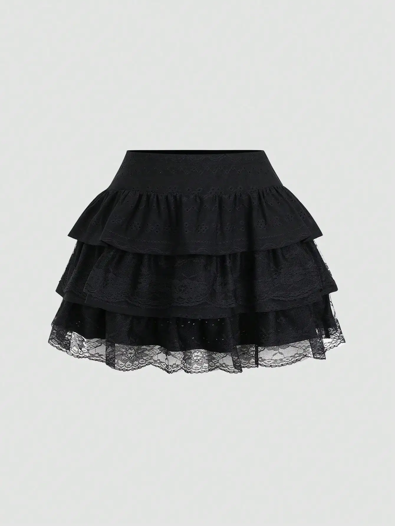 Black Textured Fabric Contrast Lace Trim Slimming Y2K A-Line Peplum Layered Cake Skirt