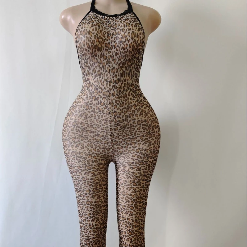 Sexy Hollow Out Leopard Print Women's Bodysuit Erotic See Through One-Piece Jumpsuit Slim Fit Tops Fashion Skin Color Clubwear