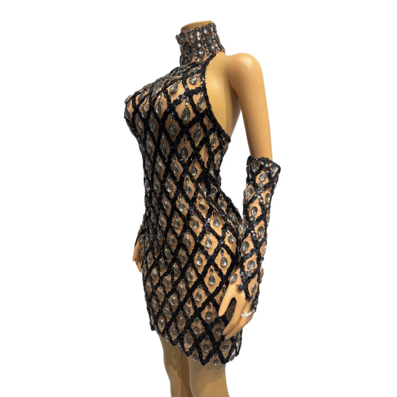 Vestido corto de lujo para fiesta de noche, graduación, diamantes de imitación, Sexy, sin espalda, transparente, disfraz de cantante puesta en escena, dorado y negro