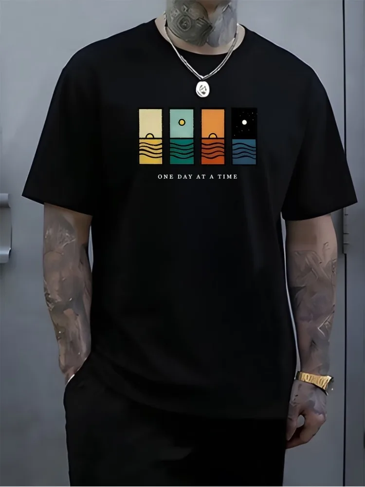 Mens Summer Crew Neck T Shirt Ocean Sunset One Day At A Time Graphic Print Loose Short Sleeve Casual Red Streetwear Top For Men