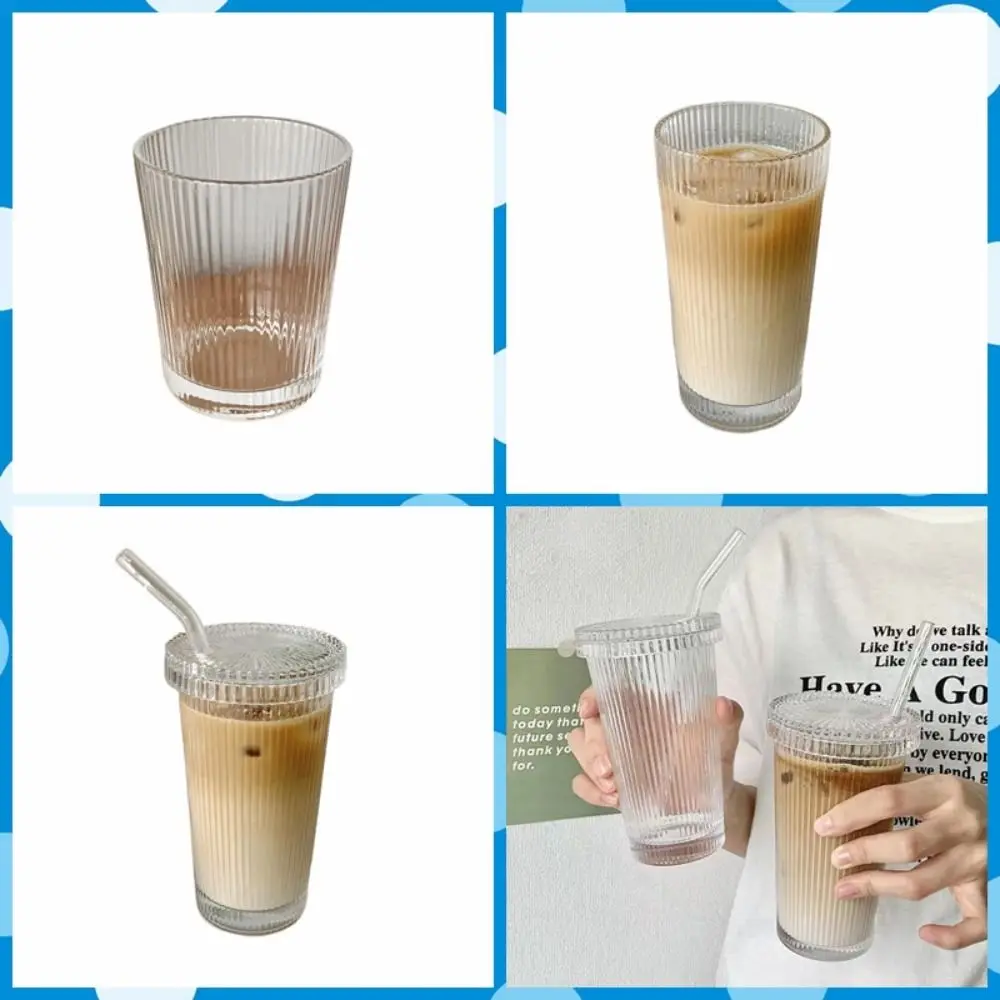 

Chic Transparent Vertical Striped Glass Cup with Lid Straw Thickened Mugs Simple Style Spillproof Bubble Tea
