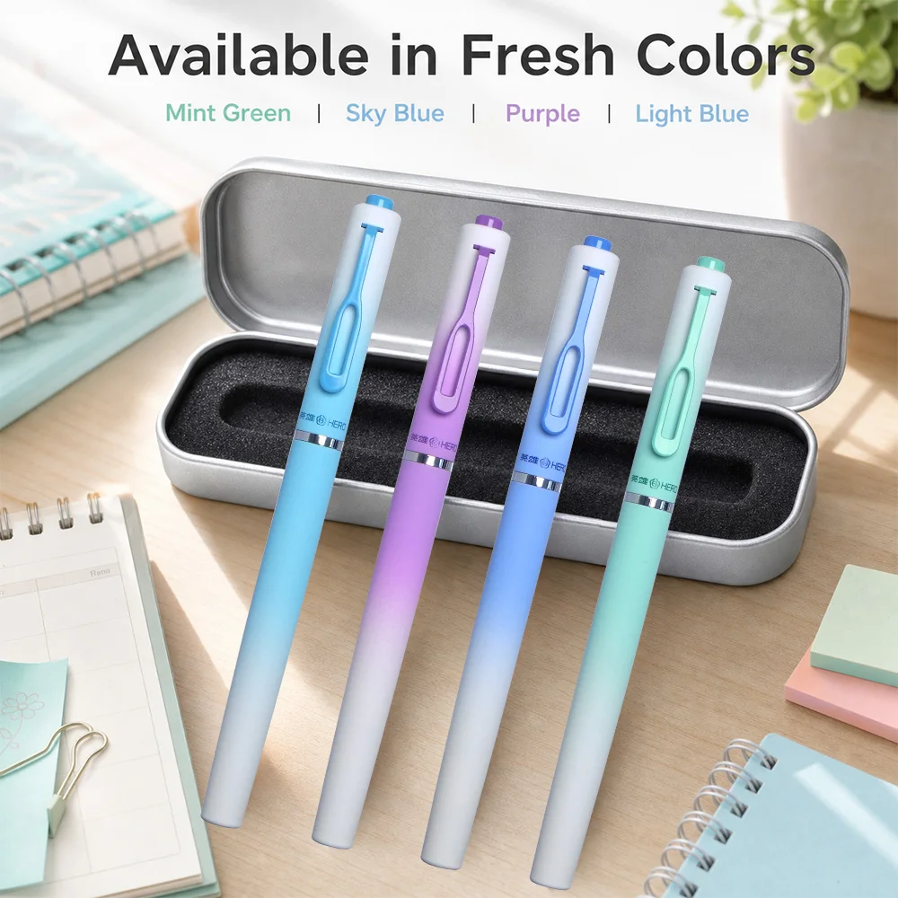 Hero 9357 Fountain Pen Smooth Writing Dark Nib 4 Fresh Colors Single Pen with Silver Iron Box  Portable Office Stationery