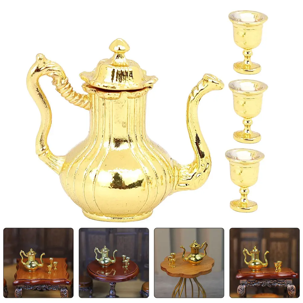 

1Set Mini Teapot Set Alloy Material Durable Realistic Miniature Accessory Tiny House Tea Set Miniature Metal Teaware