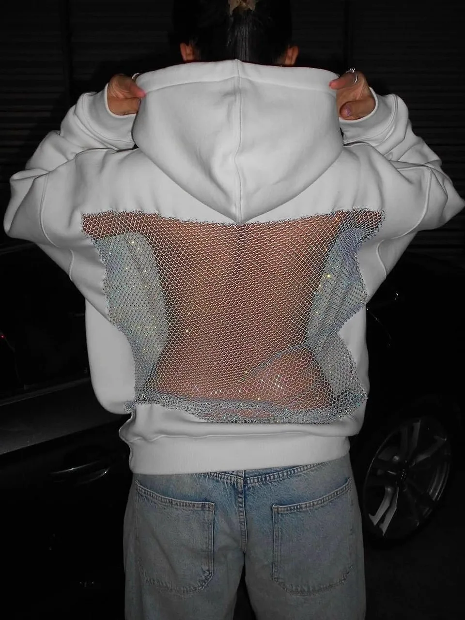 

Street Style Spliced Net Long Sleeve Hoodie Jacket Women's Autumn New Arrival Cross-Border Fashion Loose Fit Composite Fabric