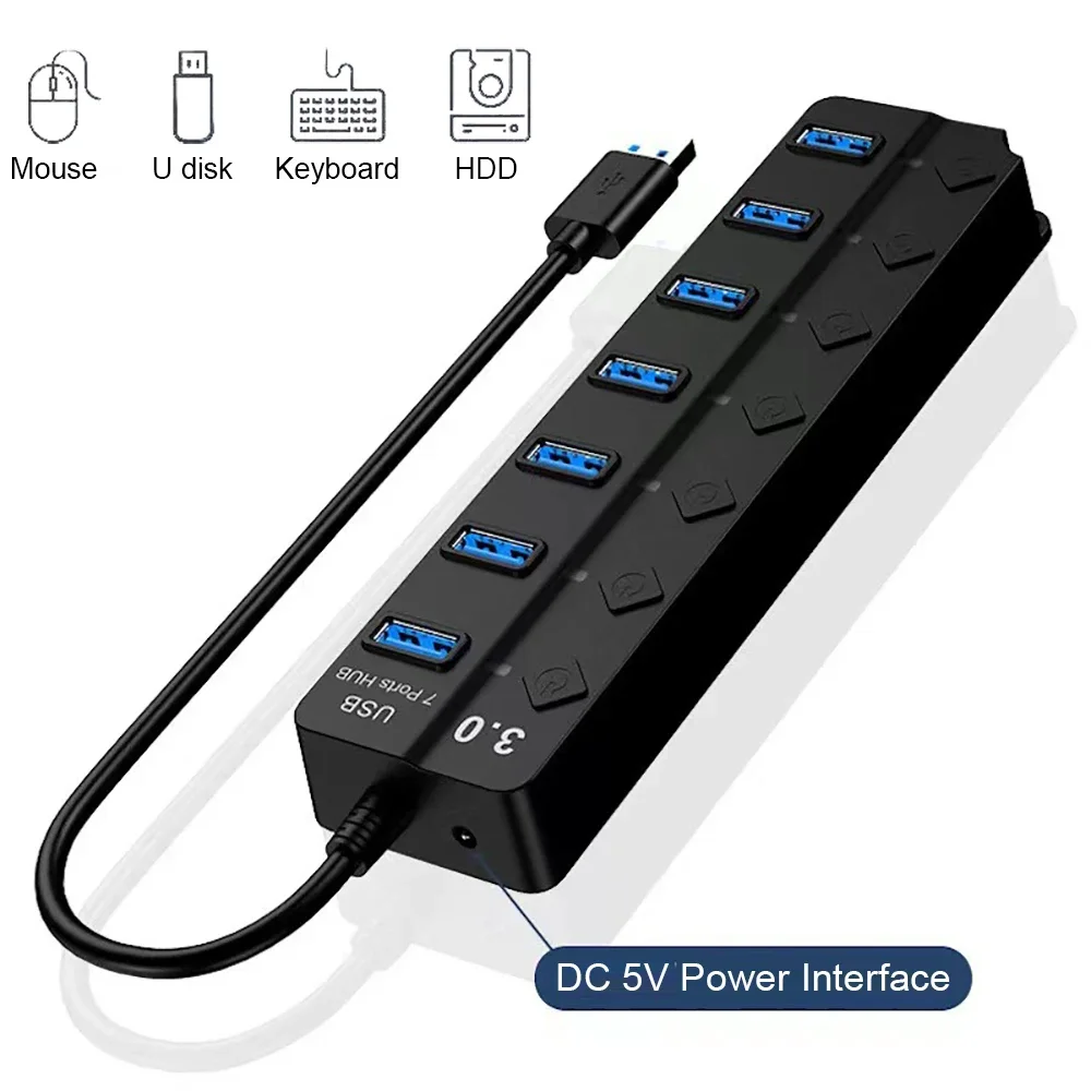 7Ports USB 3.0 Hub USB Docking Station Extender 5Gbps High Speed Transmission USB Splitter with ON/OFF Switch For Laptop Macbook