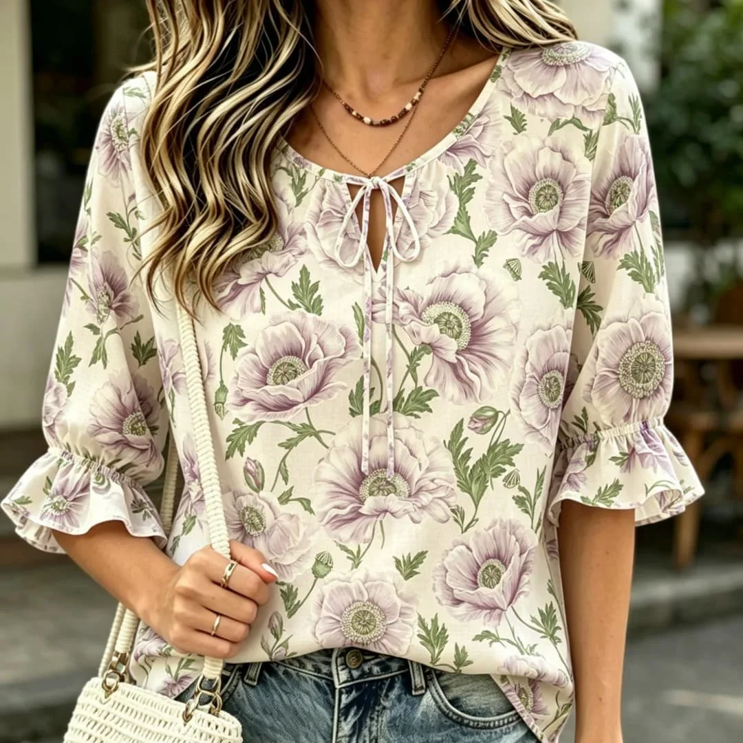 

Vintage Purple Poppy Print Blouse Ruffle Half Sleeve Tie Neck Casual Loose Summer Top for Women