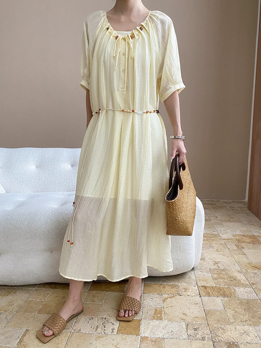 

Autumn and winter women's casual solid color round neck short sleeved bead decoration dress+inner strap set