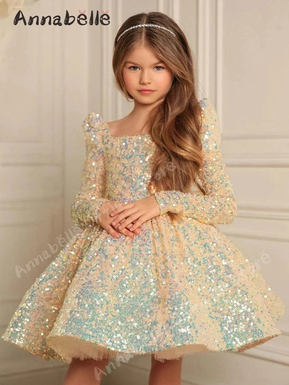 

Annabelle Kids Birthday Party Gown Puffy Girl Wedding Party Dress Long Sleeve Baby Girl Dress Newborn