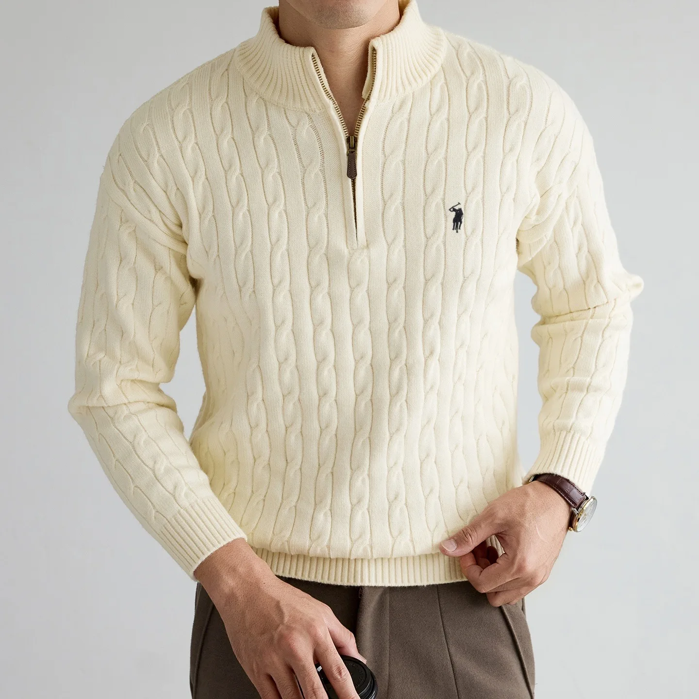 Fashion Half Zipper Sweater Men's Winter Warmth New exquisite jacquard design luxury brand golf pony embroidery knitted pullover