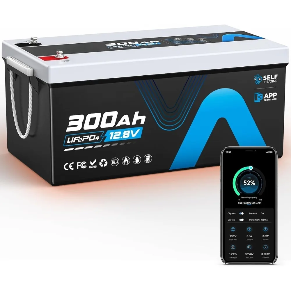 

12V 300AH Bluetooth LiFePO4 Lithium Battery with Self-Heating, Built-in 200A BMS, Supports Low Temp Charging(-4°F), 5000+ Cycles