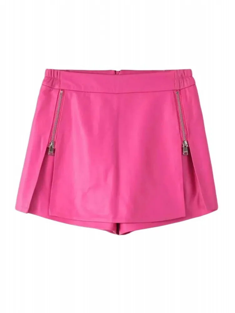 ผู้หญิง High Street ของแท้หนังกางเกงขาสั้นกระโปรงซิปสบายๆกางเกงฤดูใบไม้ผลิฤดูร้อนหญิงแฟชั่นหนังแกะจริงกางเกงขาสั้น