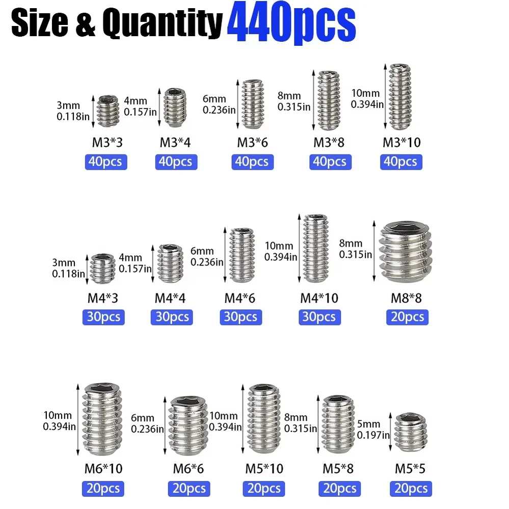 XLGYLPRO 440-Piece Set of Set Screws M3 M4 M5 M6 M8 - for Furniture Cabinet Handles, Concealed Fasteners, Automotive Electronics