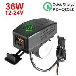 Motorcycle USB Charger With Voltmeter PD QC3.0 Handlebar Fast Charging 12/24V Waterproof Socket Adapter Motorcycle Accessories