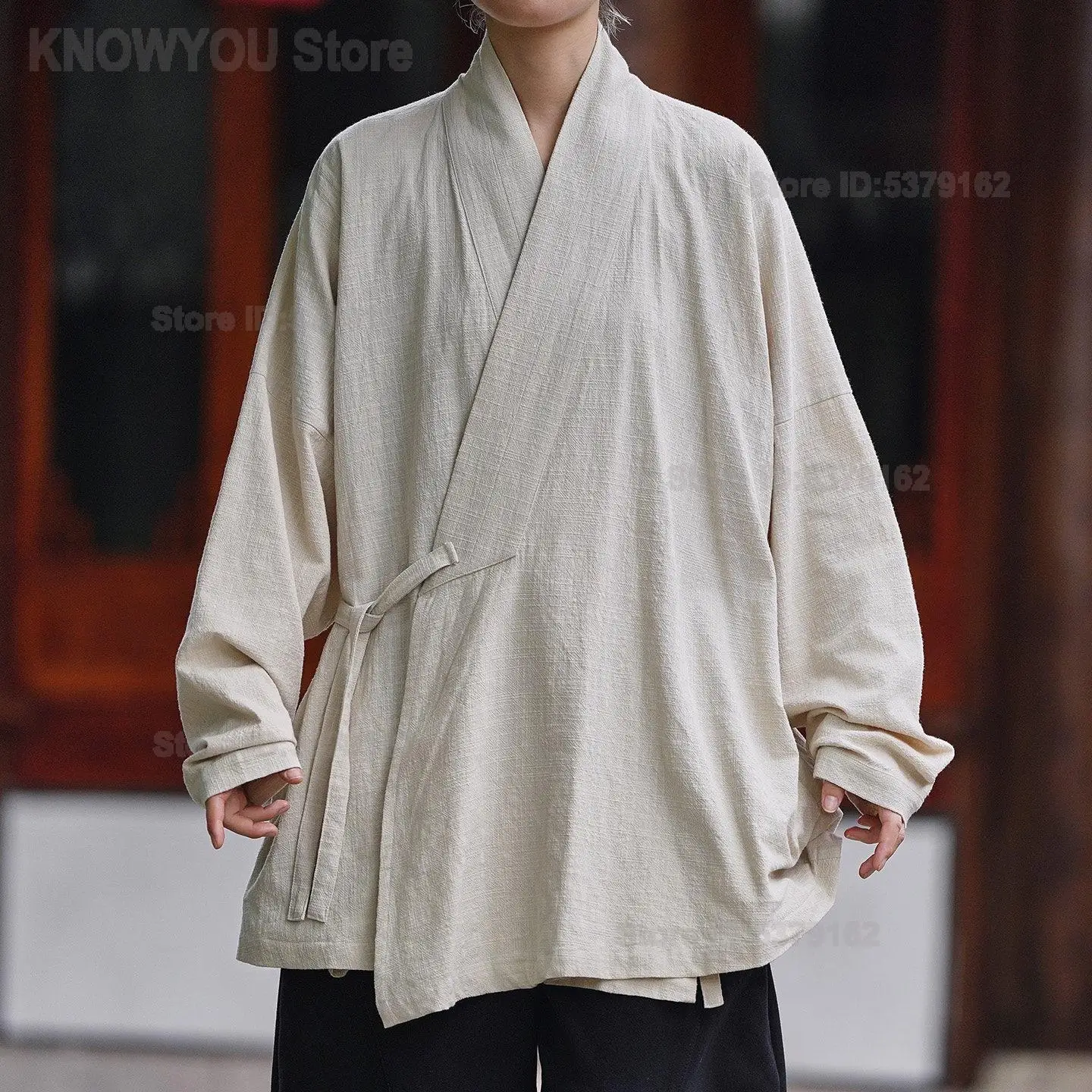 Men New Chinese Modified Hanfu Robe Cross Collar Tie Up Loose Zen Style Coarse Cotton Long Sleeve Lay Practitioner Outfit
