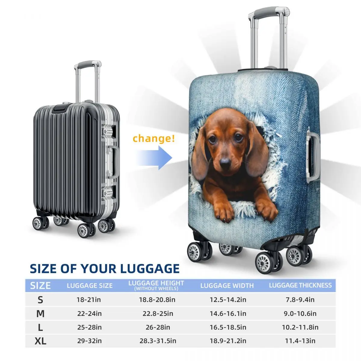 Custom Dachshund Dog Torn Jean Travel Luggage Cover Dust Proof Wiener Badger Sausage Dog Suitcase Cover Protector Fit 18-32 Inch