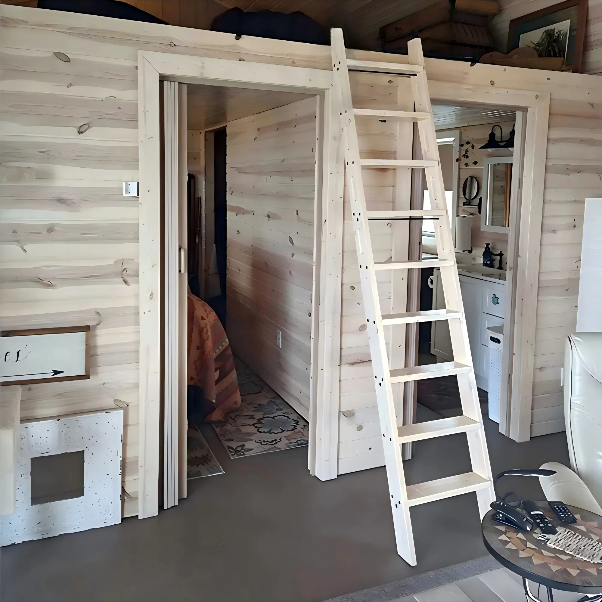 Natural Knotty Pine Wood Sliding Library Durable Step Ladder Rolling Ladder