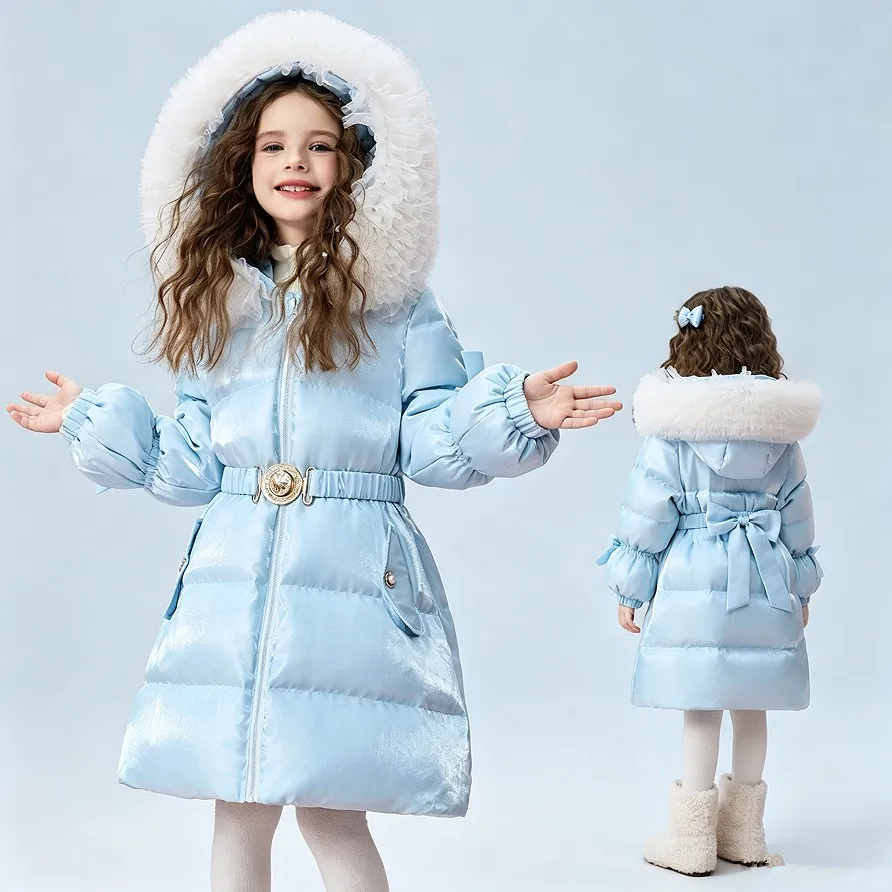 Kinder Mädchen Prinzessin Daunenjacke 90% Weiße Entendaunen Lange Kapuzenjacke Rüschenbesatz Warme Winteroberbekleidung 3-12 Jahre A5106 – Detail 9