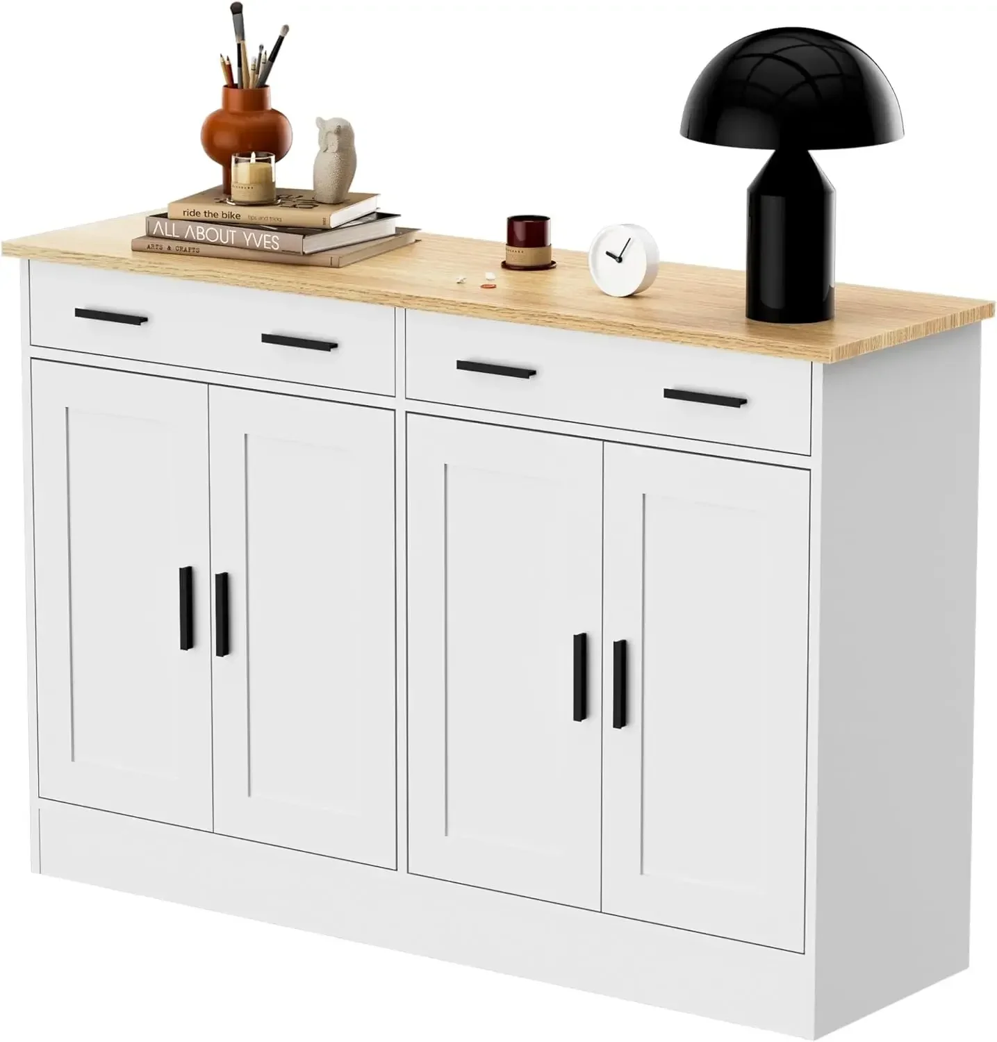 A White Buffet Cabinet Coffee Bar Cabinet with 2 Drawers & 4 Doors Kitchen Buffet Sideboard for Living Room Kitchen