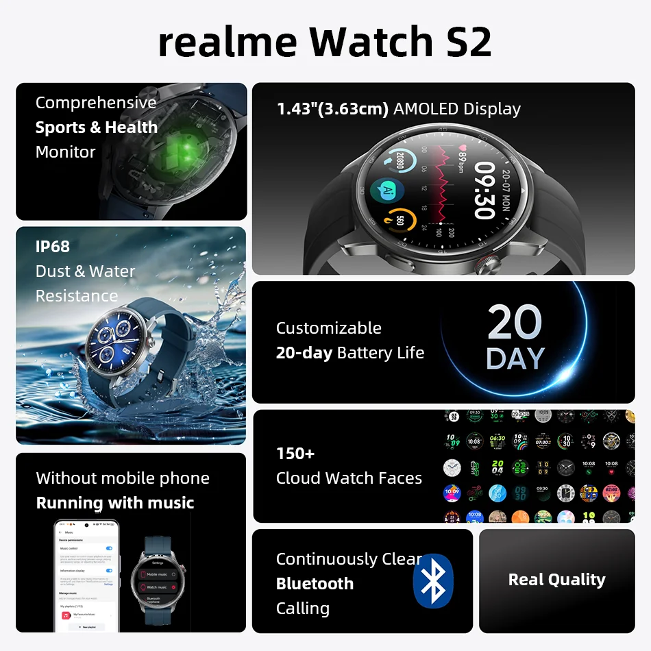 Global Version realme watch S2 SmartWatch 1.43\'\' AMOLED Display Blood Oxygen Sensor 20 Days Battery Life IP68 Waterproof Watch