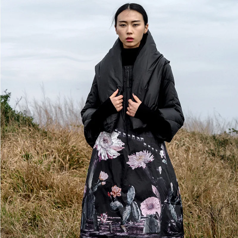 Winter Warm Down Jacket Hooded Scarf Women's Thick White Duck Down Coat High-Quality Design Outerwear Printed Puffer Jacket New