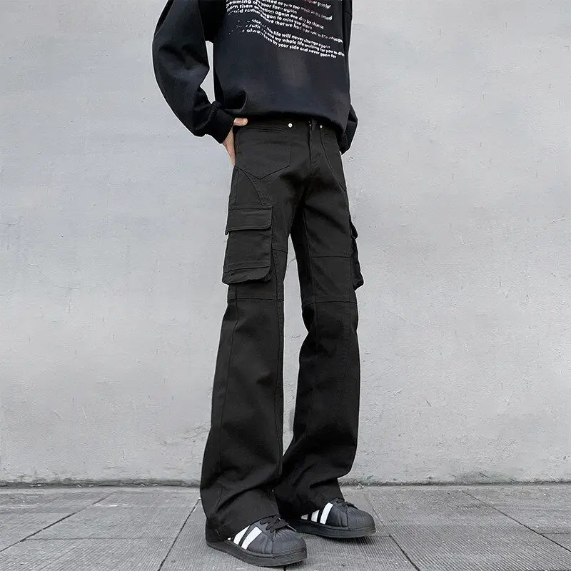 بنطلون عمل رجالي أسود بقصة ضيقة وخصر مرتفع من كلينفيت، جينز واسع الساق بتصميم أمريكي متعدد الجيوب للربيع والخريف