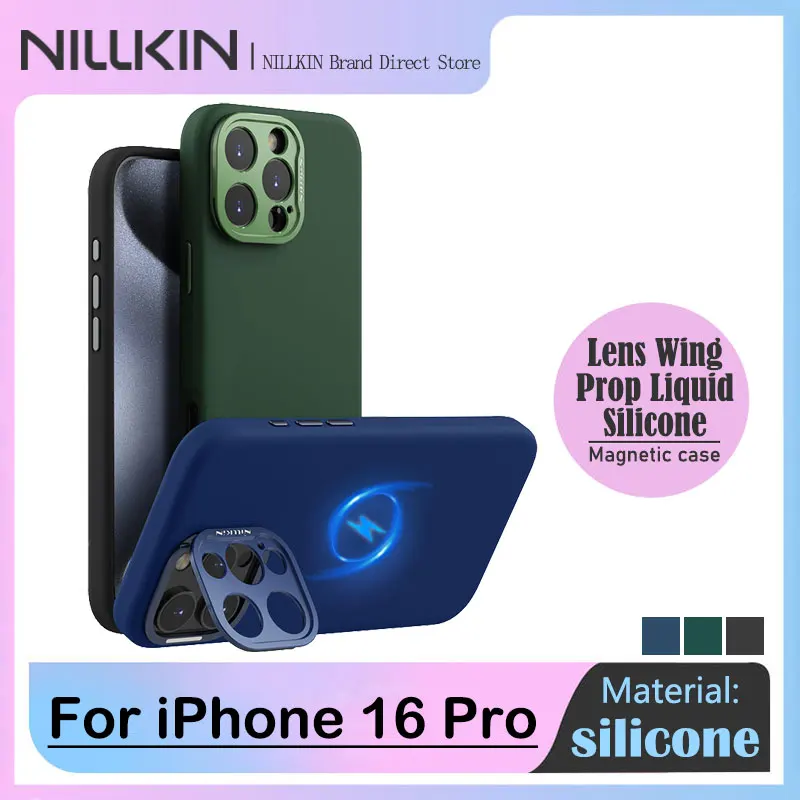 

for iPhone 16 Pro Nillkin Lens Wing Magnetic Case with Stand Camera Protect Liquid Silicone skin-friendly Back Cover for Magsafe